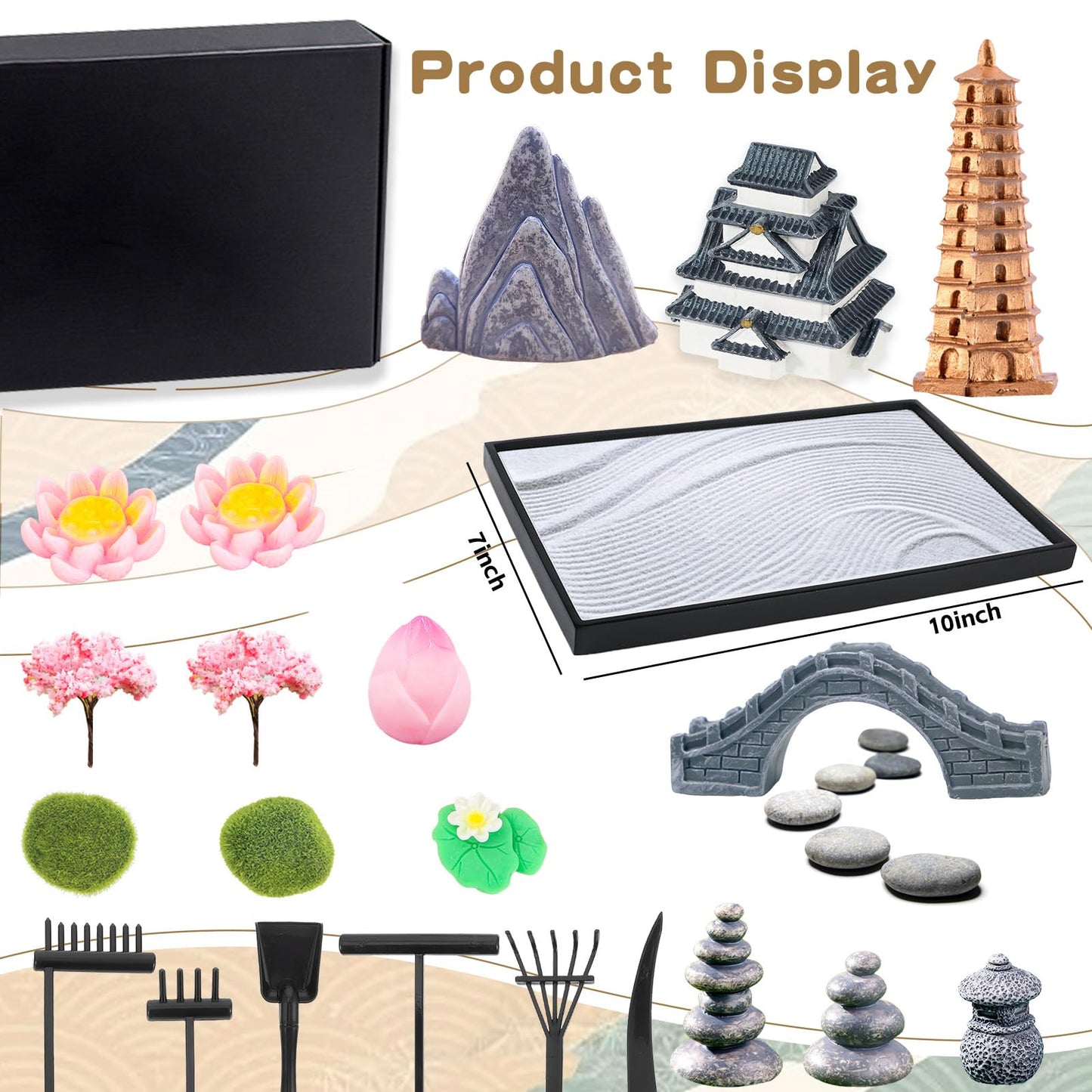 Bbiamsleep Zen Garden Kit for Desk, 9.8 x 7 Inch Mini Zen Sand Garden with 6 Tools, 23 Accessories for Home Office Desktop Japanese Decor