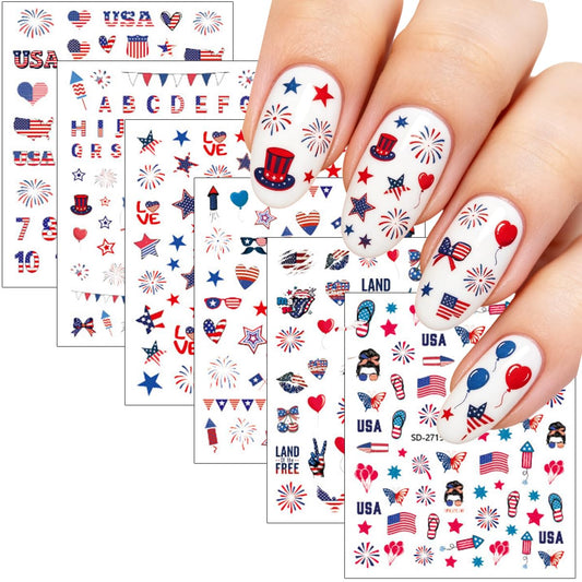 4th of July Nail Stickers 6 Sheets - 3D Embossed Red White & Blue Self-Adhesive Decals with American Flag, Stars & Fireworks, Independence Day DIY Manicure for Women