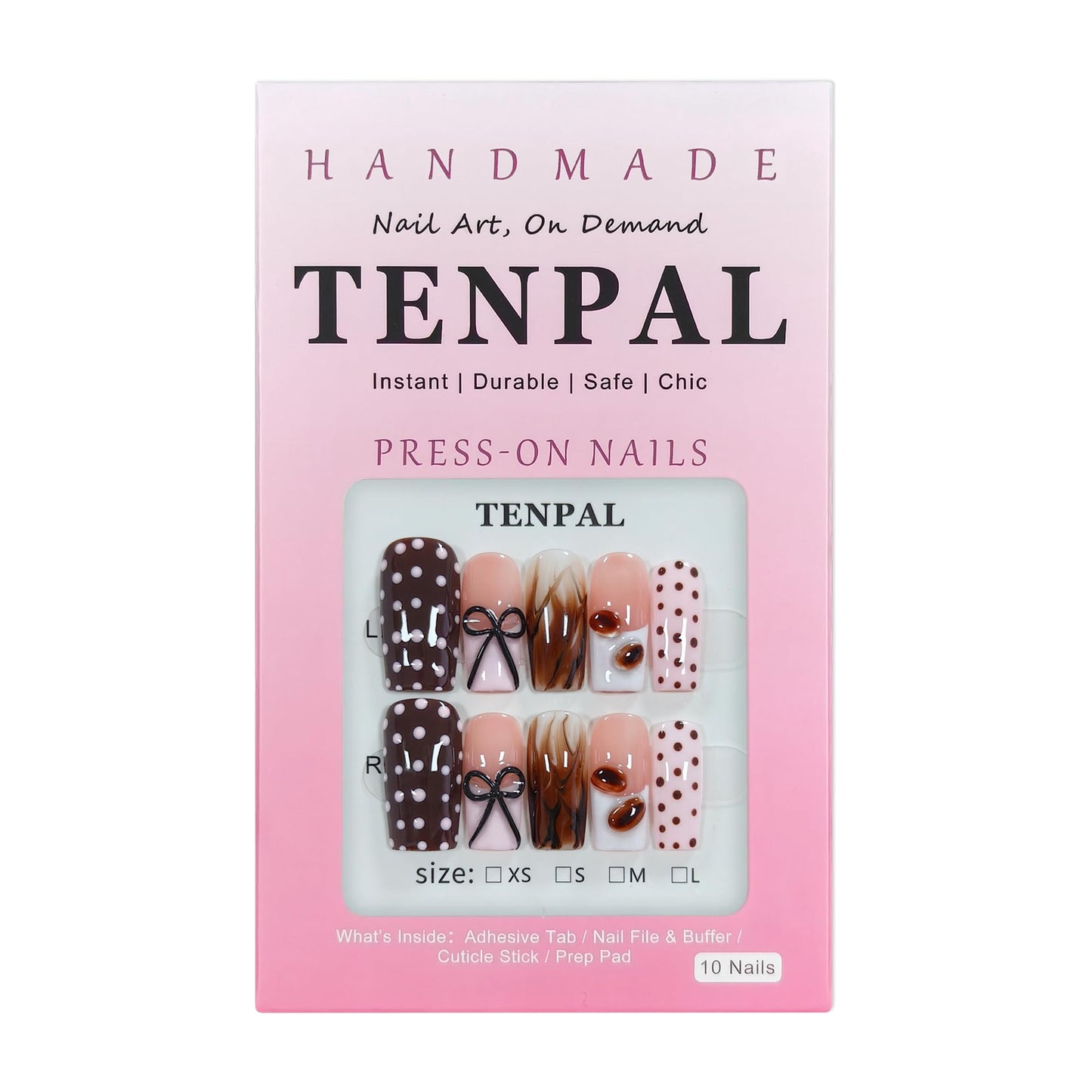 TENPAL Pink Coffee French Tip Press on Nails Medium Square, Polka Dot Ombre 3D Coffee Bean Cute Sweet Girly Reusable Salon False Nails for Daily Wear 10PCS(L)