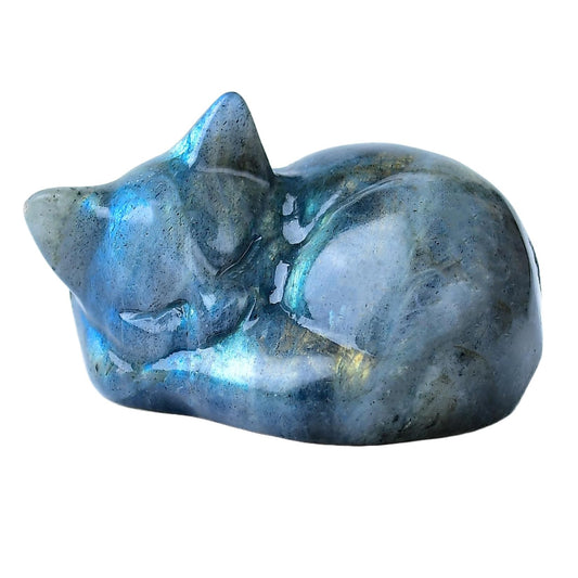 RUIJINGYUAN Labradorite Cat Statue - 2 Inch Hand Carved Healing Crystal Figurine, Sleeping Cat Stone Sculpture for Desk Decor, Office Home Gift for Cat Lovers