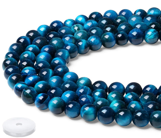 NUKAYAI Aquamarine Blue Tiger Eye Beads 60Pcs Crystal Beads 8mm Blue Round Stone Bead Smooth Loose Bead for Bracelet Necklace DIY Earrings Making