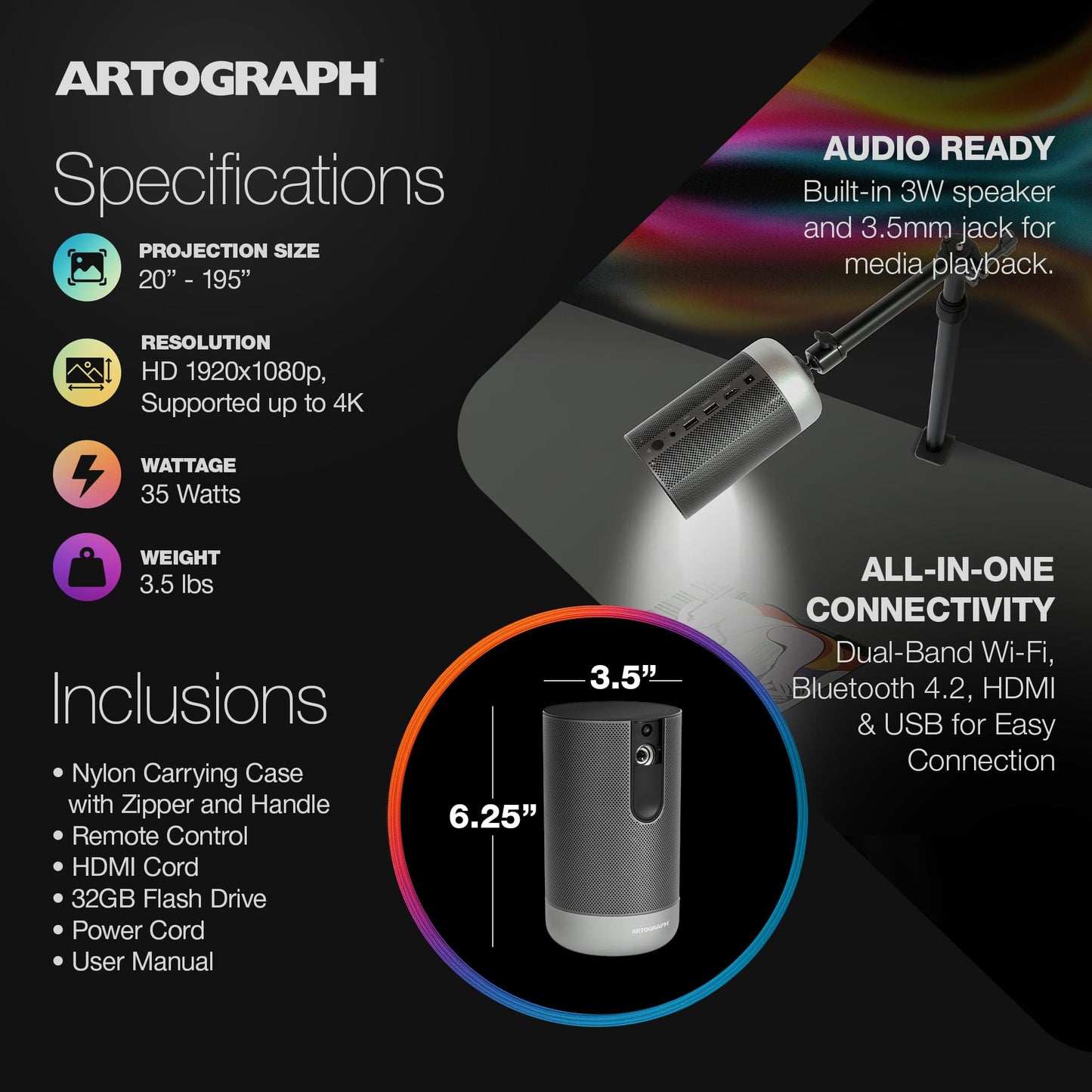 Artograph Smart LED Art Projector with Auto Focus Grids Remote Inspire 1500 and Mini Tripod
