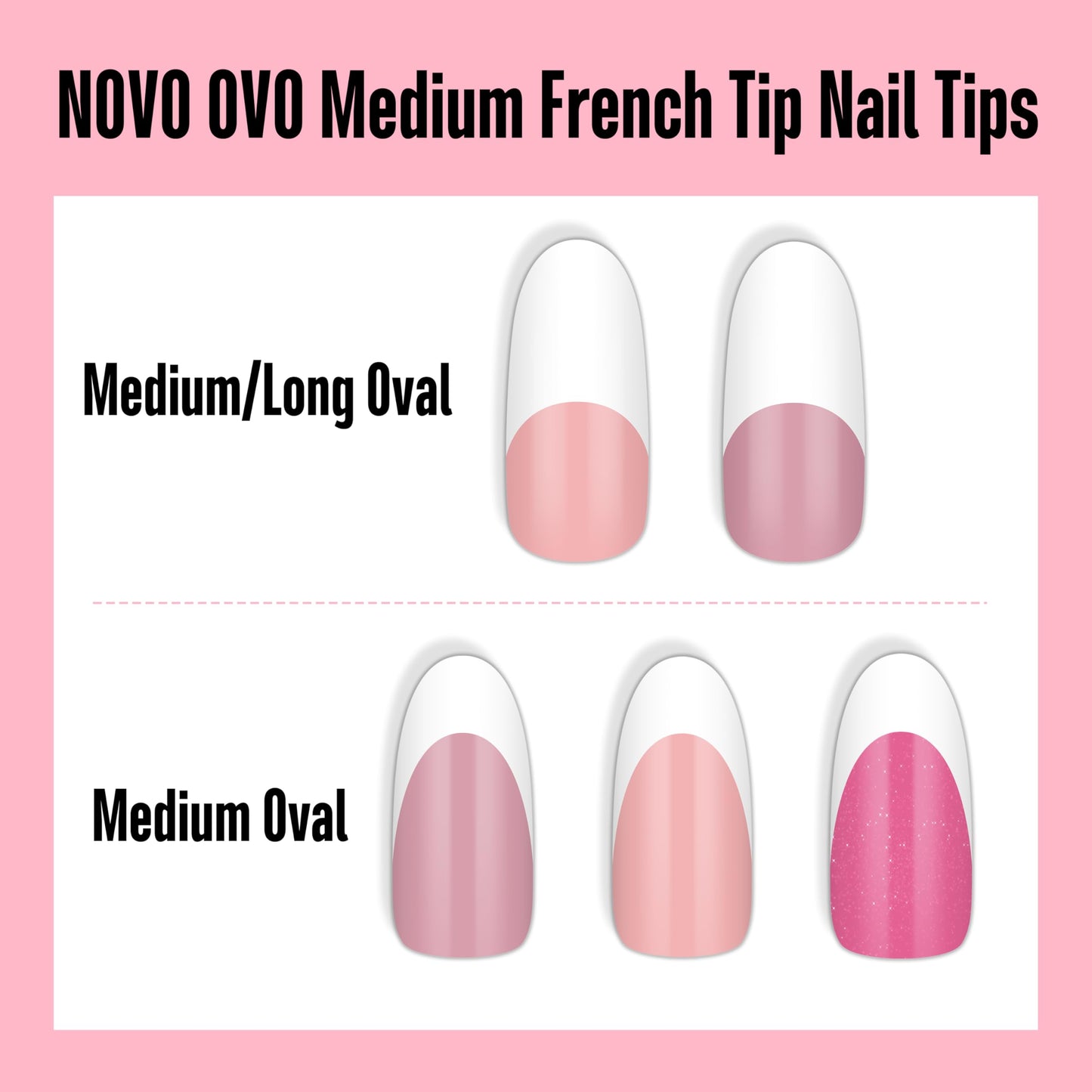 NOVO OVO Old School Oval Round Medium Long White French Tip Nail Tips Press on BERRY PINK, Extra Thick Soft Gel Fake Nail Acrylic Extension,Need Builder Gel Top Coat,No Glue Included,15 Sizes 240 pcs