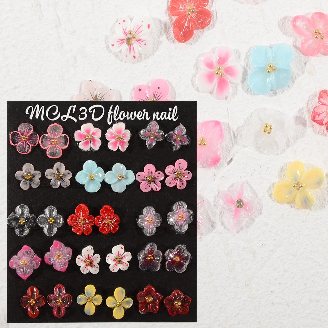 QIMYAR 30PCS/Box Spring Summer Handmade Flower Nail Art Charms Set, 15 Designs Hand Sculpted Acrylic Flowers 3D Cherry Blossom Apricot Nail Art Floral Salon Decoration for Women Girls