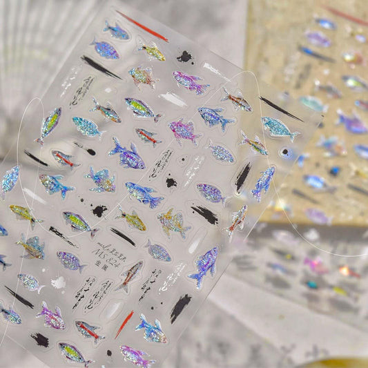 Fish Nail Stickers for Nail Art Iridescent Glittery Nail Decals Vibrant Fish Stickers for Nails with Design 3D Self Adhesive Nail Art Supplies & Decorations for Women Girls 1 Sheet