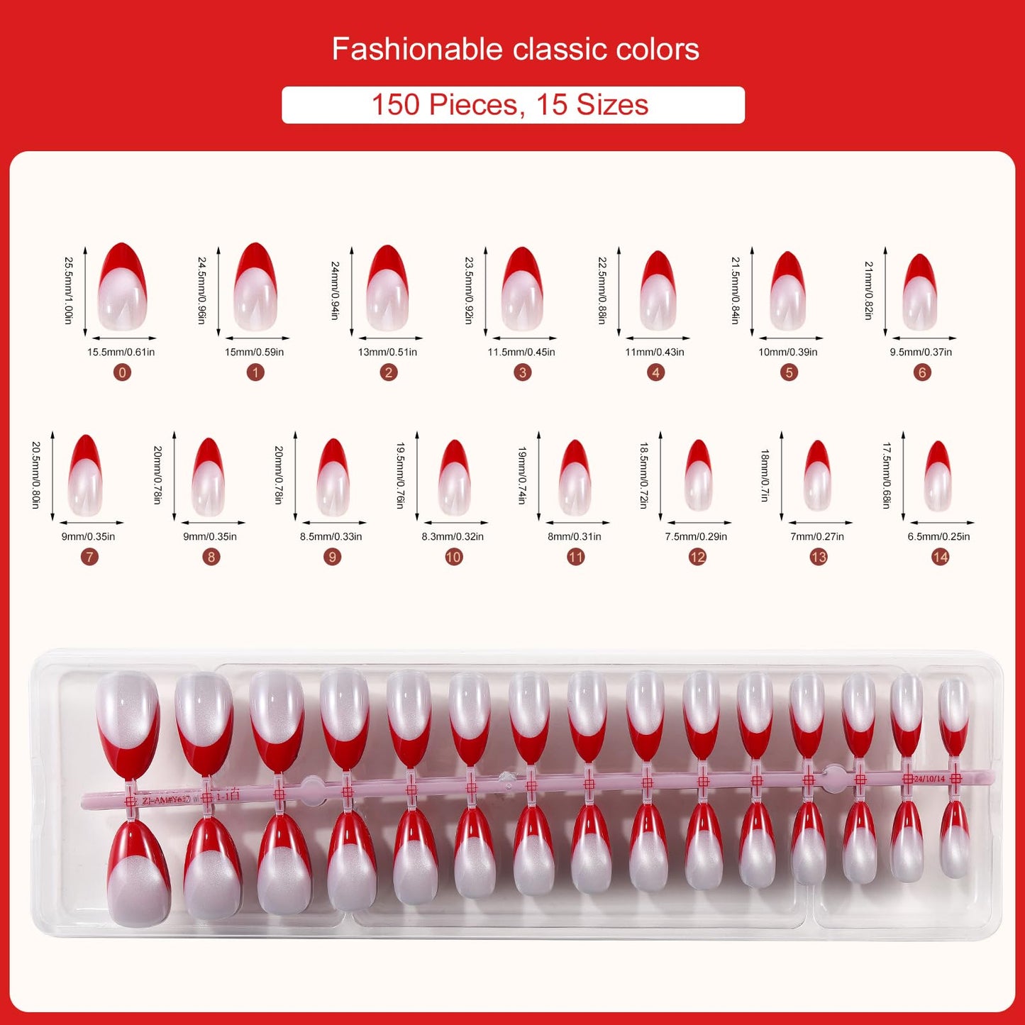 Jellyqueen Red French Cat Eye Press on Fake Nail Tips, 150Pcs Almond Nail Tips kit, Fake Nails for Nail Art DIY 15 Sizes (A18-03-01)