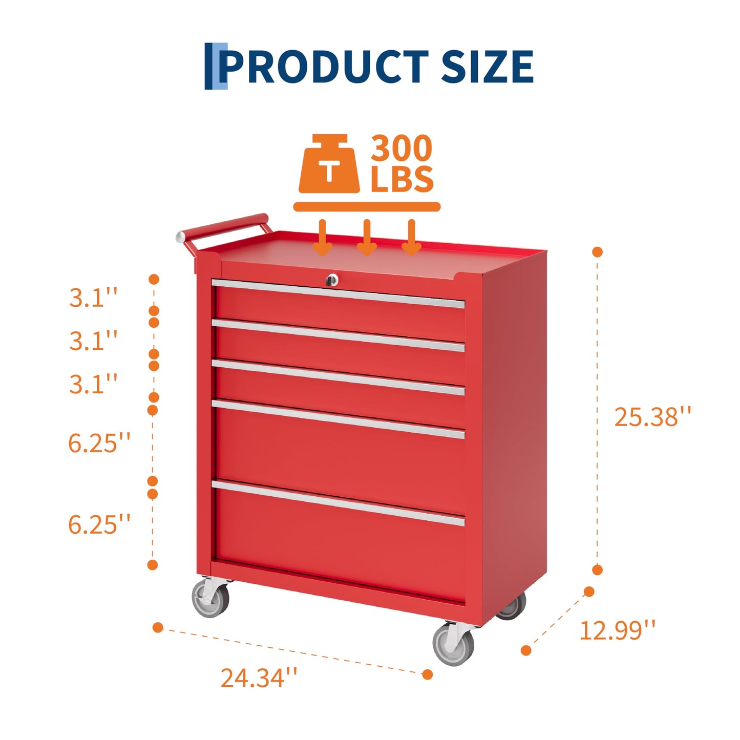 IDEALHOUSE Rolling Tool Chest, 5 Drawers Tool Storage Cabinet, Toolbox with Wheels, Portable Tool Cabinet Organizer with Locking System & Drawer Liners, Tool Storage Cart for Garage, Workshop, Red