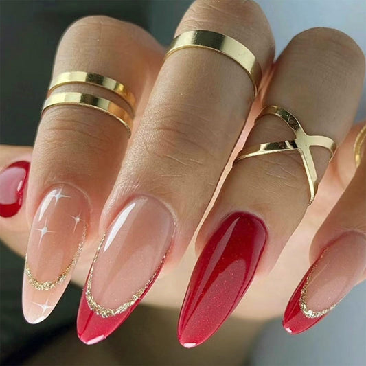 FJSMTOPl Red Press on Nails - Medium Almond Fake Nails - French Tip False Nails Press ons - Christmas Glossy Full Cover Glue on Nails - Acrylic Artificial Stick on Nail for Women Manicure 24Pcs