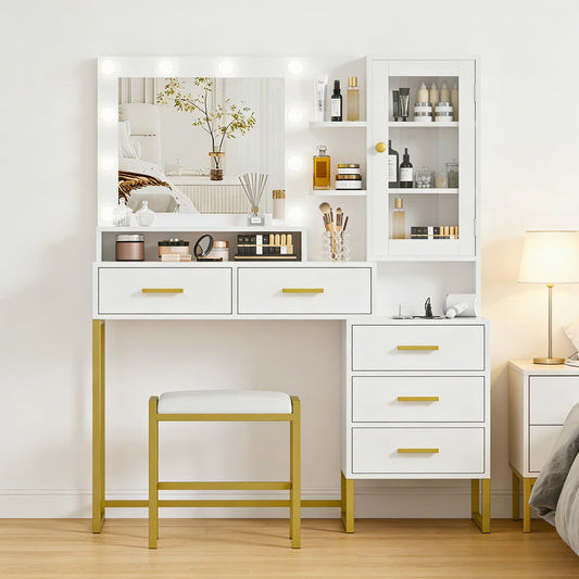 IDEALHOUSE Vanity Desk with Mirror and Lights, 43" Makeup Vanity Set with Stool, LED Lighted Mirror with 10 Bulbs, Drawers, Shelves & Charging Station, Dressing Table with Chair for Bedroom, White