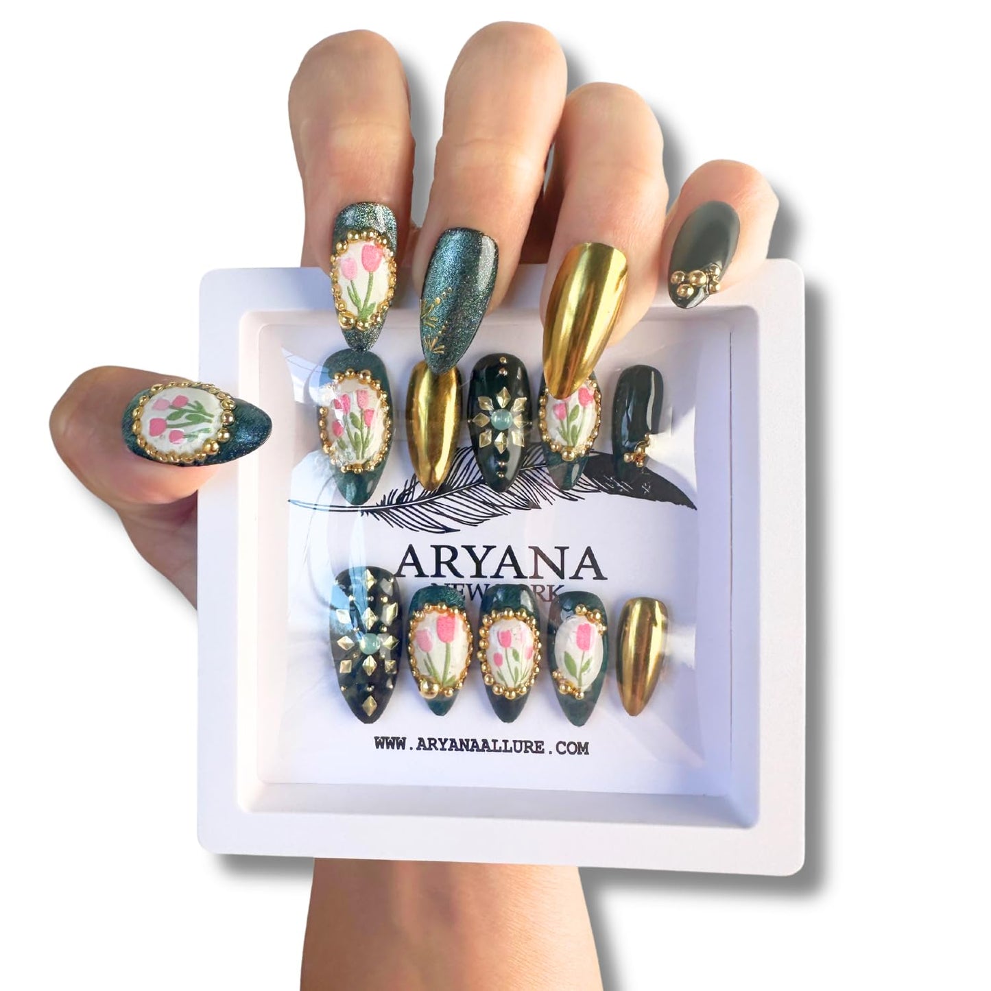 ARYANA NEW YORK 3D Press On Nails Handmade with Full Covered Crystals and Flowers Reusable Fake Nails Luxury Almond Nail Set, 10 PCS Acrylic Handmade Press On Nails - Flower Collection - (Small)