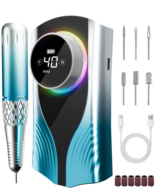 Nail Filer Electric Nail Drill Professional, Kisufu 45000 RPM Rechargeable Efile Nail Drill Kit with Smart Led, 3600mAh, Portable Nail Grinder for Salon Home Use, Women's Day Gifts (Blue).