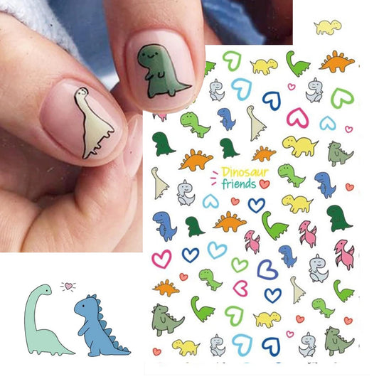 IDDFEVE Dinosaur Nail Art Stickers for Kids- Cute Cartoon Designs, 3D Self-Adhesive Heart DIY Nail Art Decals for Little Girls, Toddler (2 Sheets)