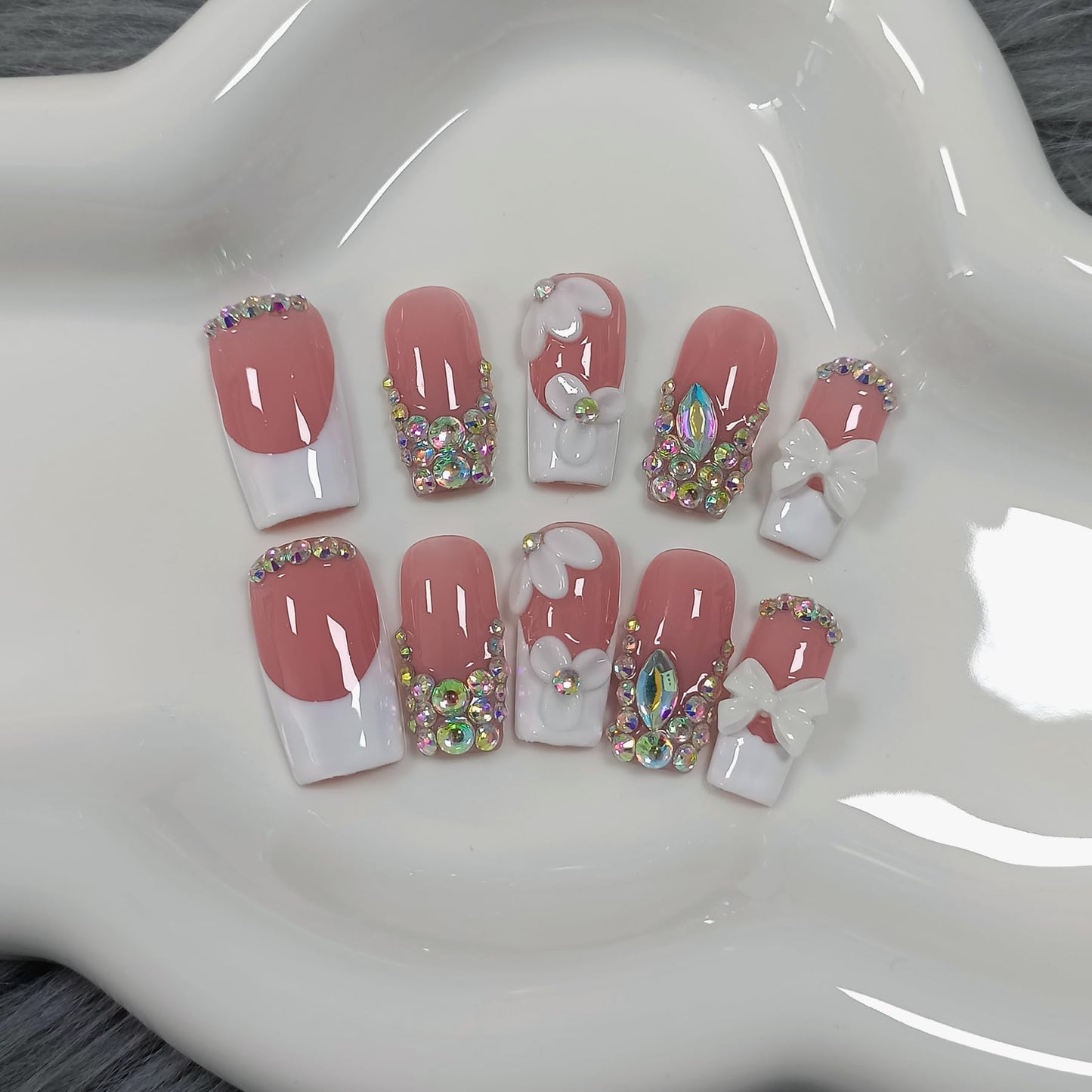 TENPAL Handmade Press on Nails Medium Long Square - Sheer Nude French Tip Fake Nails with 3D Floral, Full Cover Glitter 3D Bow Design False Nail Tips for Women Girls Daily Wear Parties Gifts(L)