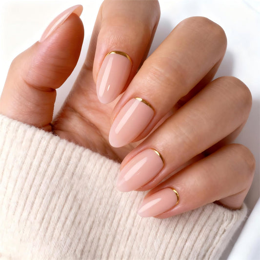 30PCS Almond Press On Nails with Gold Edge, Short Full Cover Fake Nails with Adhesive Tabs, Reusable Press On Nails for Women & Girls, Valentine’s Day Gift