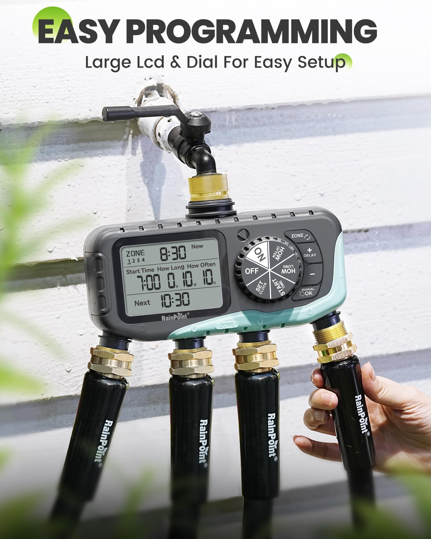 RAINPOINT Sprinkler Timer 4 Zone, Water Timer for Programmable, for Soaker Hose with Rain Delay/Manual/Automatic Watering System, Digital Irrigation for Yard, Lawn