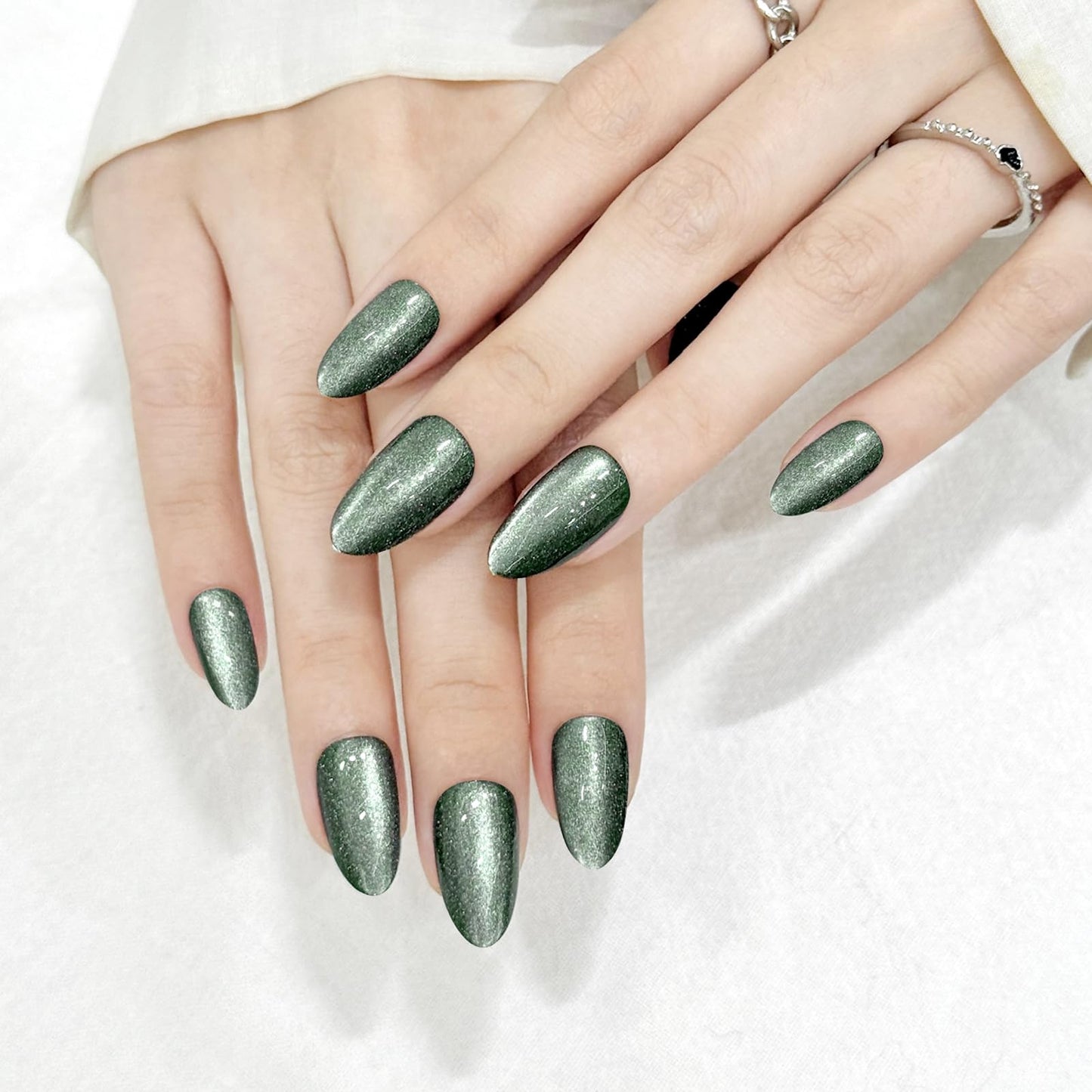 Green Almond Cat Eyes Press On Nails,12 Sizes - 24 Pcs Soft Gel Blackish Green Medium Fake Nails Kit with Nail Glue, Natural Reusable Stick On False Nails for Women and Girls SK1027
