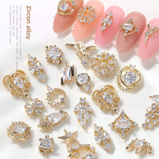 HNUIX Nail Charms and Gems - Gold Copper Zircon, Multiple Shapes, Metal Jewelry Rhinestones Charms, 22Piece