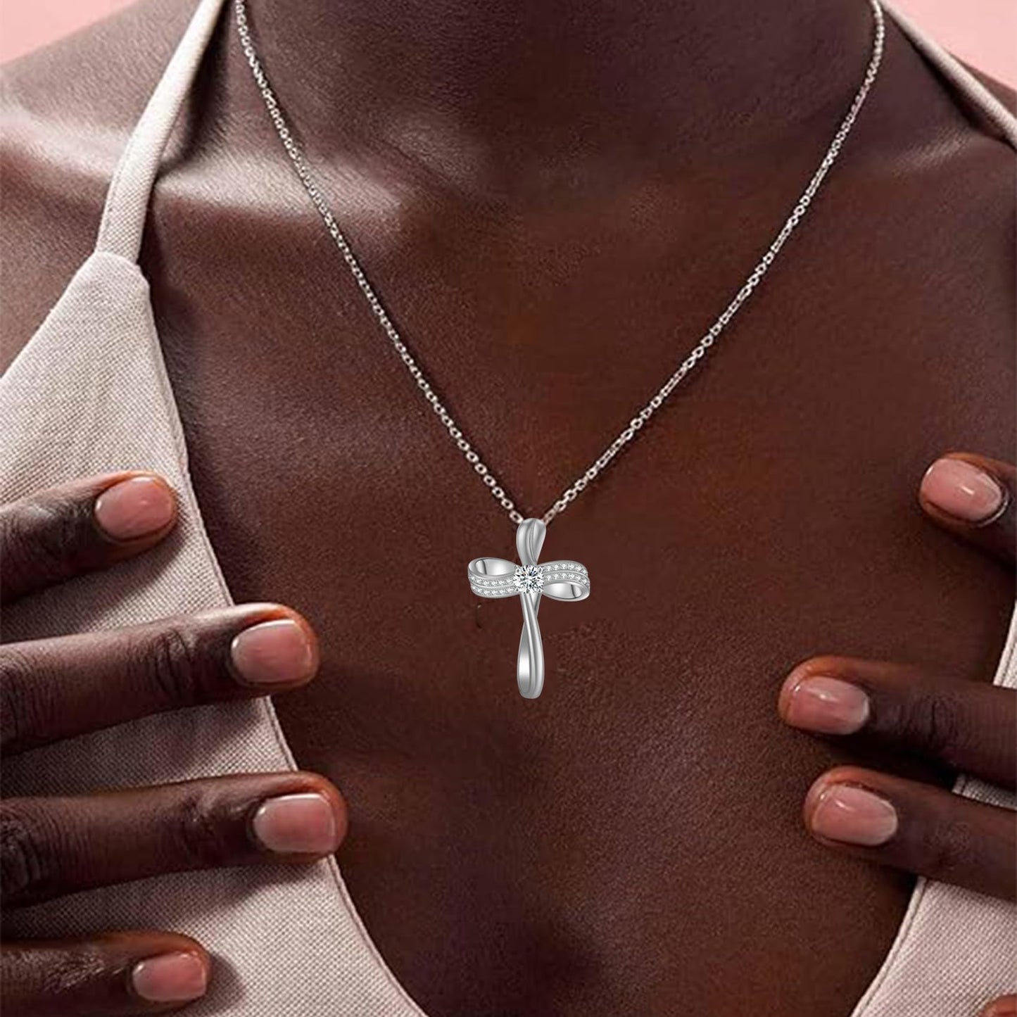 OKISIL 18K Gold Plated Cross Necklace for Women, S925 Sterling Silver Necklace for Women, Infinity Loop Pendant Jewelry with 5A Cubic Zirconia, Anniversary Birthday Christian Gifts for Women Her Wife (White gold)
