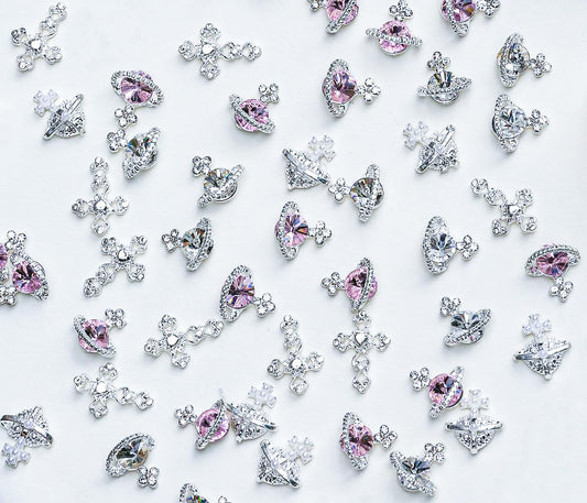 60pcs Planet Nail Charms with Gems, Y2K Sliver Cross Nail Art Charms, 3D Chrome Nails White Pink Saturn Shape Shiny Rhinestones Nail Supplies, Crystal Acrylic Charm for Women