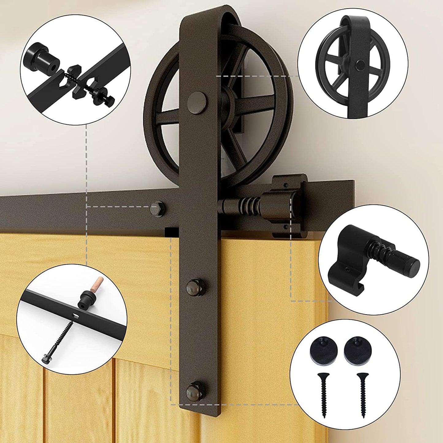 CCJH 20ft Heavy Duty Sturdy Sliding Barn Door Hardware Kit -Smoothly and Quietly -Fit 120 inch Door Panel (Big Spoke Wheel Hanger J Style)