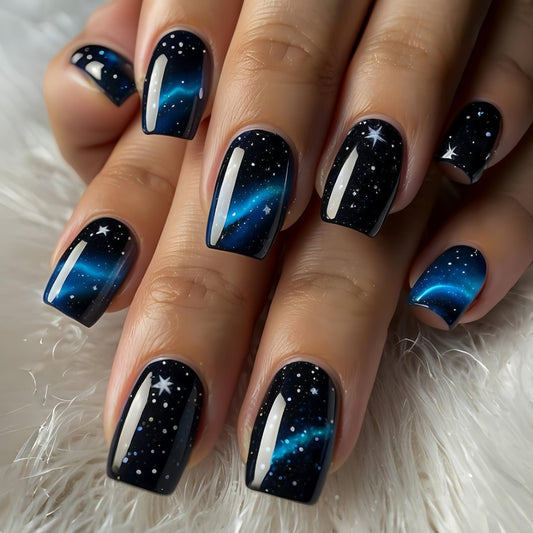 Star Press on Nails Short Square Fake Nails Black Acrylic Nails Glitter Artificial Nails Blue Line Stripes Glue on Nails Glossy Stick Nail for Women Manicure 24Pcs