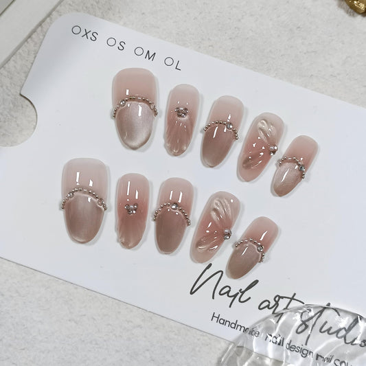 TENPAL Mermaid Cat Eye Press on Nails 10Pcs Kit,Medium Almond Nude Pink Fake Nails with 3D Wave Shell, Chain Rhinestone French Tips Spring Summer False Nails,Handmade Glue on Nails Luxury Design(M)