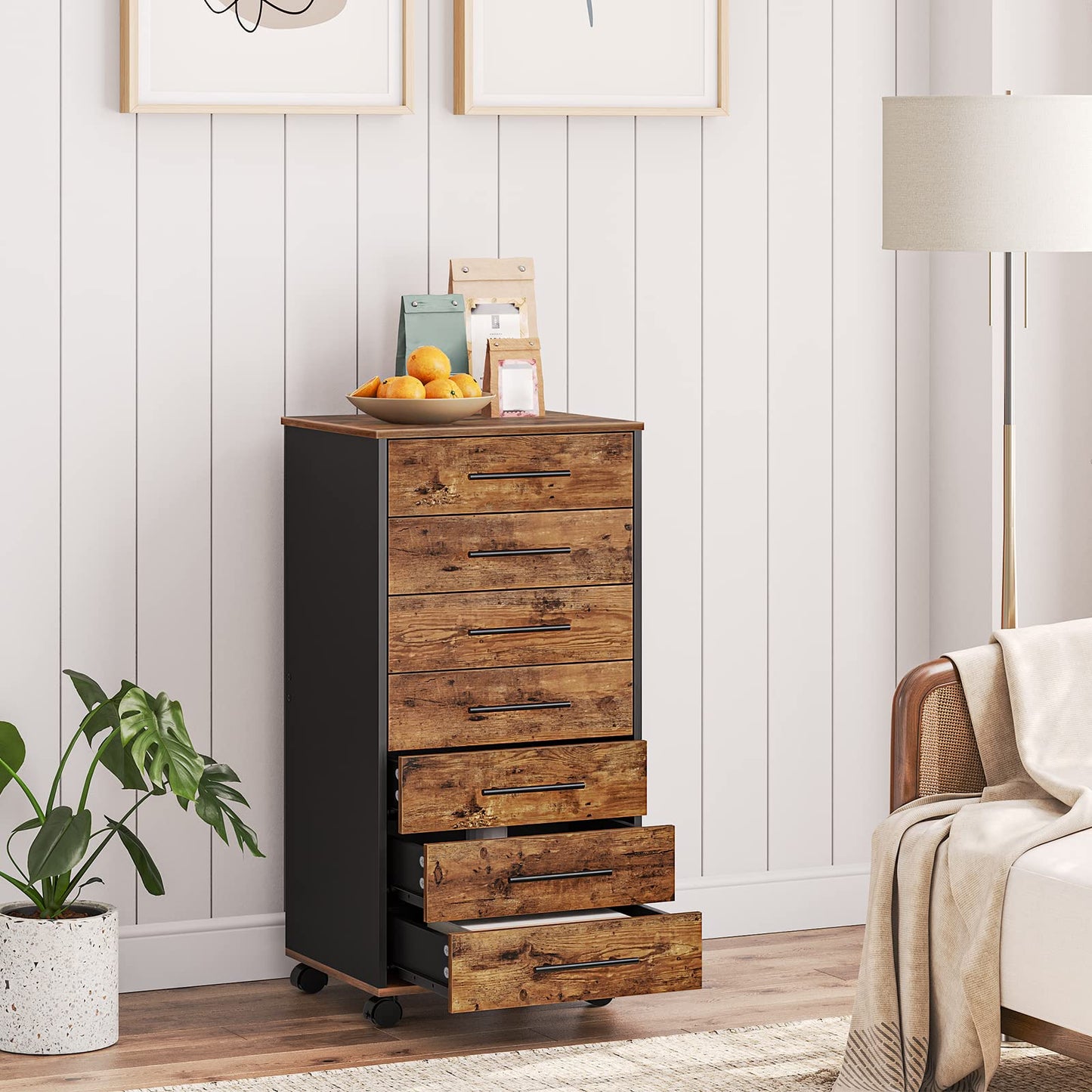 HOOBRO 7-Drawer File Cabinet, Wooden Office Cabinet with Drawers, Mobile Storage Filing Drawer for Home Office, Study, Easy Assembly, Rustic Brown and Black BF07WJ01