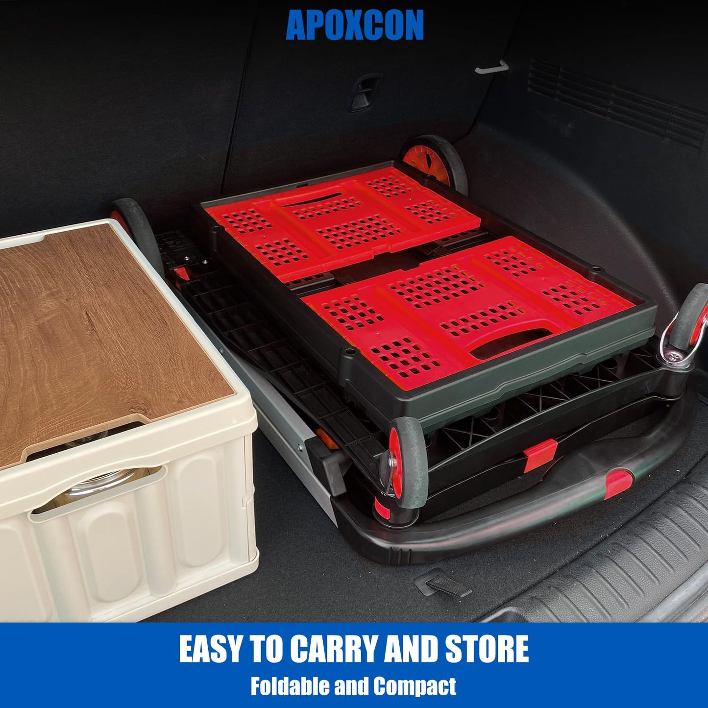 APOXCON Collapsible Shopping Cart with 2 Storage Crates 2-Tier Portable Utility Cart with Swivel Wheels 200lb Capacity Heavy Duty Folding Trolley for Shopping Office Warehouse Catering (Red)