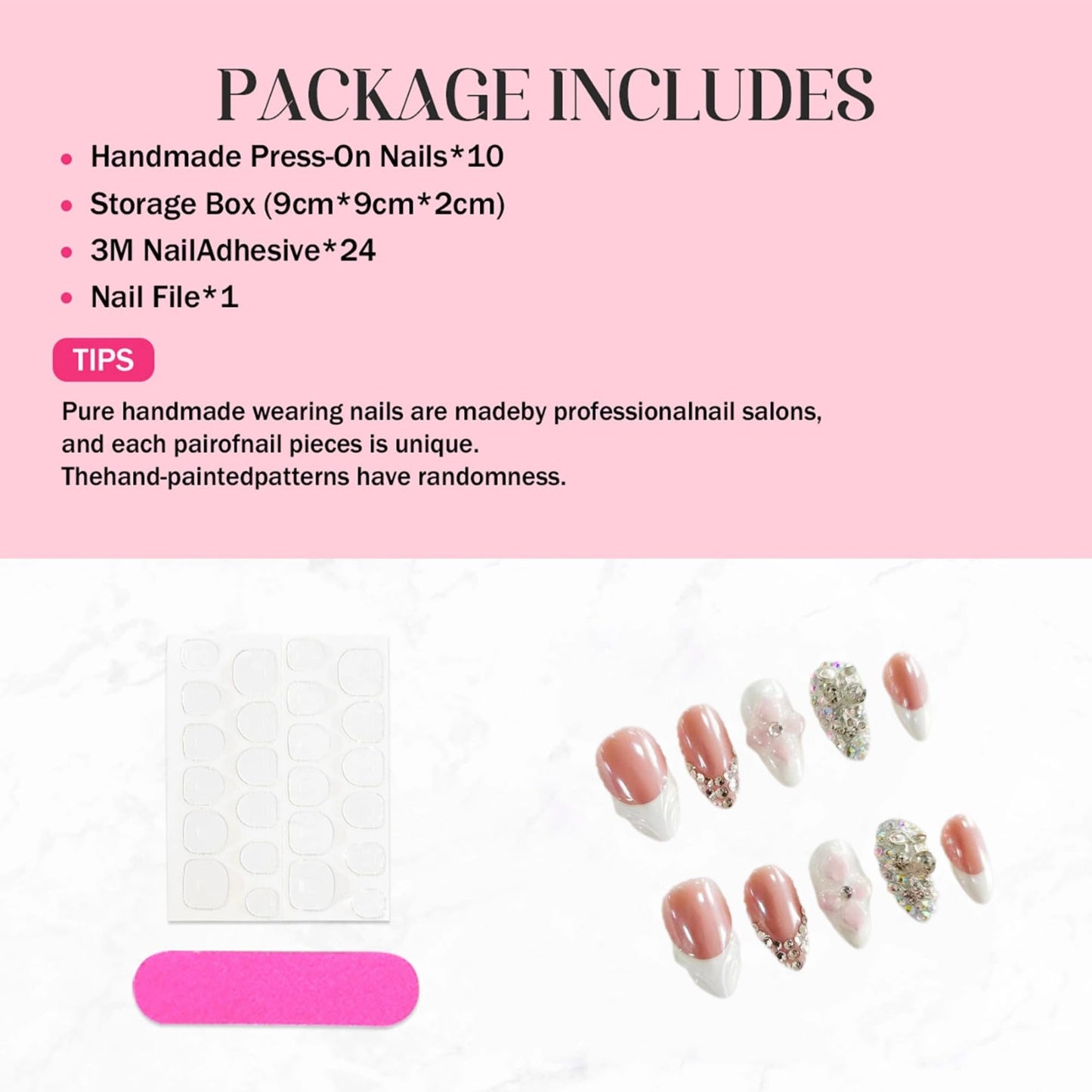 Handmade Press on Nails Short - Luxury White French Tip Fake Nails Almond Nails Press ons with Sparkly Rhinestones Designs Acrylic Nail 3D Flower Stick on Nail for Women 10Pcs (Size M)