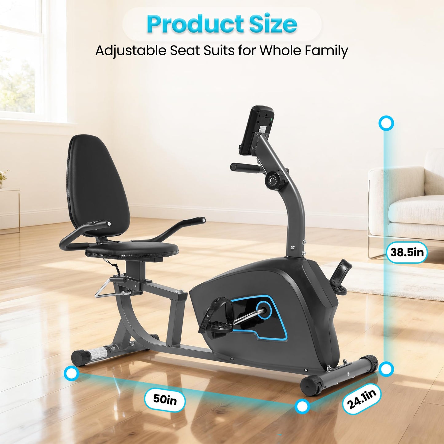 oCuZen Recumbent Exercise Bike for Home, Recumbent Stationary Bike for Adults & Seniors with 8-Level Magnetic Resistance, Adjustable Seat, Heart Rate Handle & LCD Display, 300LB Capacity