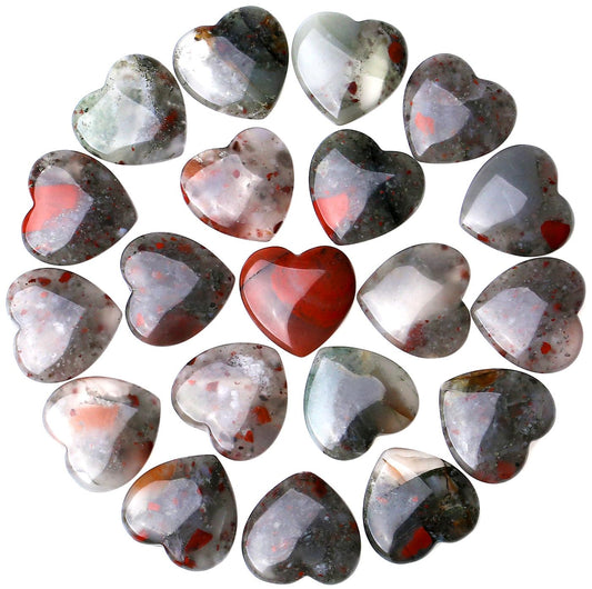 QINJIEJIE 20PCS African Bloodstone Heart Stones Crystals Bulk Love Shaped Worry Stone Heart Rock Pocket Polished Palm Gems Crystal Reiki Balancing Wholesale Carved Stone Decor Gift
