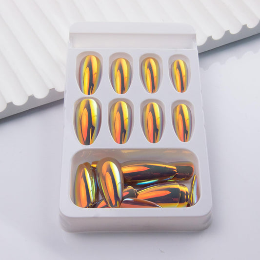 Chrome Press on Nails Almond Fake Nails Metal Mirror False Nails Glossy Medium Acrylic Nail Press ons Full Cover Holographic Shiny Glue on Nails for Women Girls Manicure 24Pcs