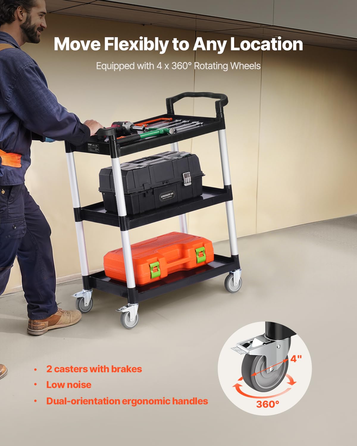 VEVOR Utility Cart, 300 lbs Load Capacity, 3-Tier Utility Plastic Cart with 360° Swivel Wheels (2 with Brakes), 24.4 x 16.1-inch Food Service Cart for Warehouse, Office, Home, Restaurant, Kitchen