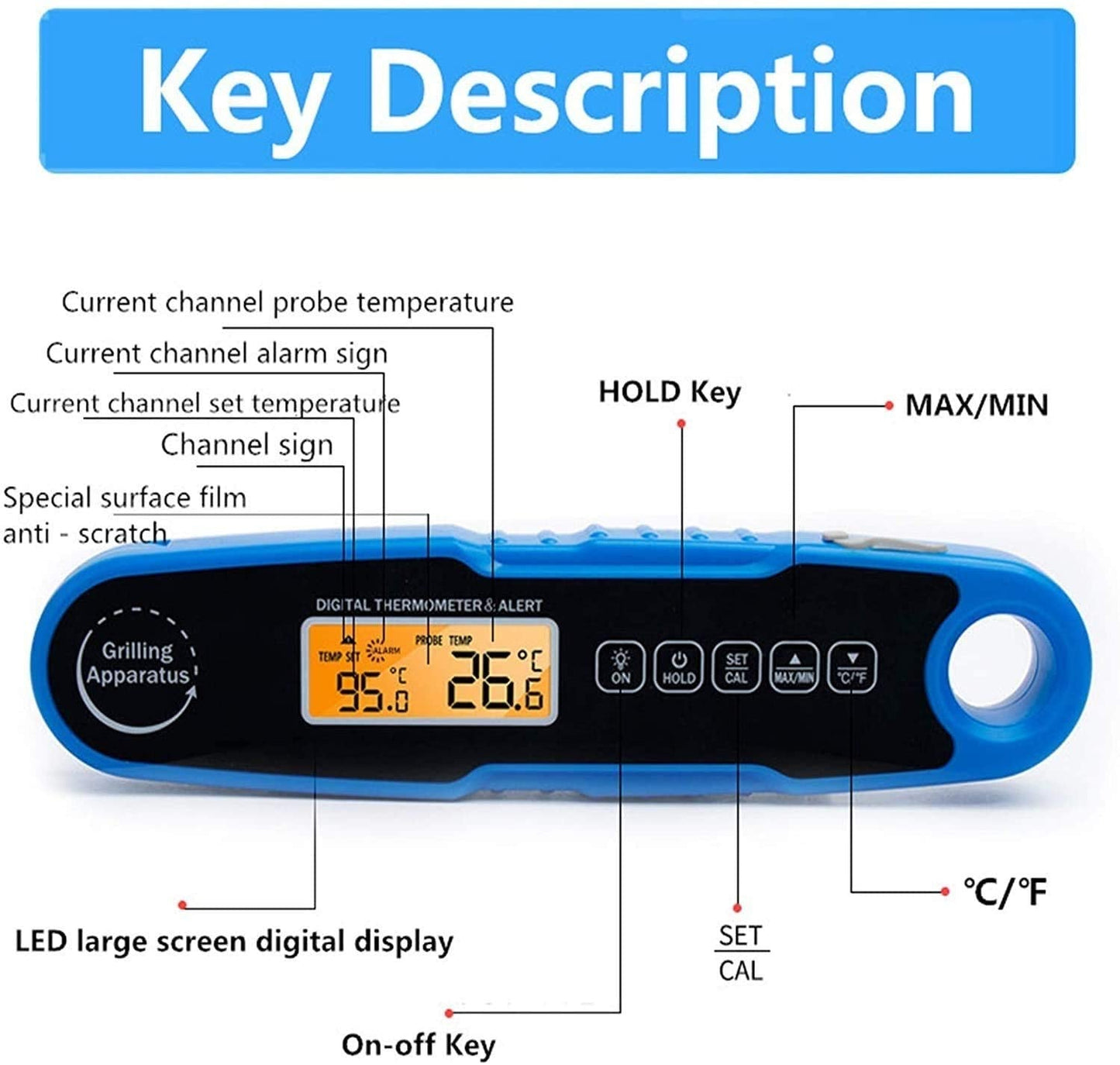 Digital Meat Thermometer, Food Thermometer Instant Read for Grilling, Digital Thermometer with Backlight Alarm Function for Outdoor BBQ, Cooking, Party(Blue)