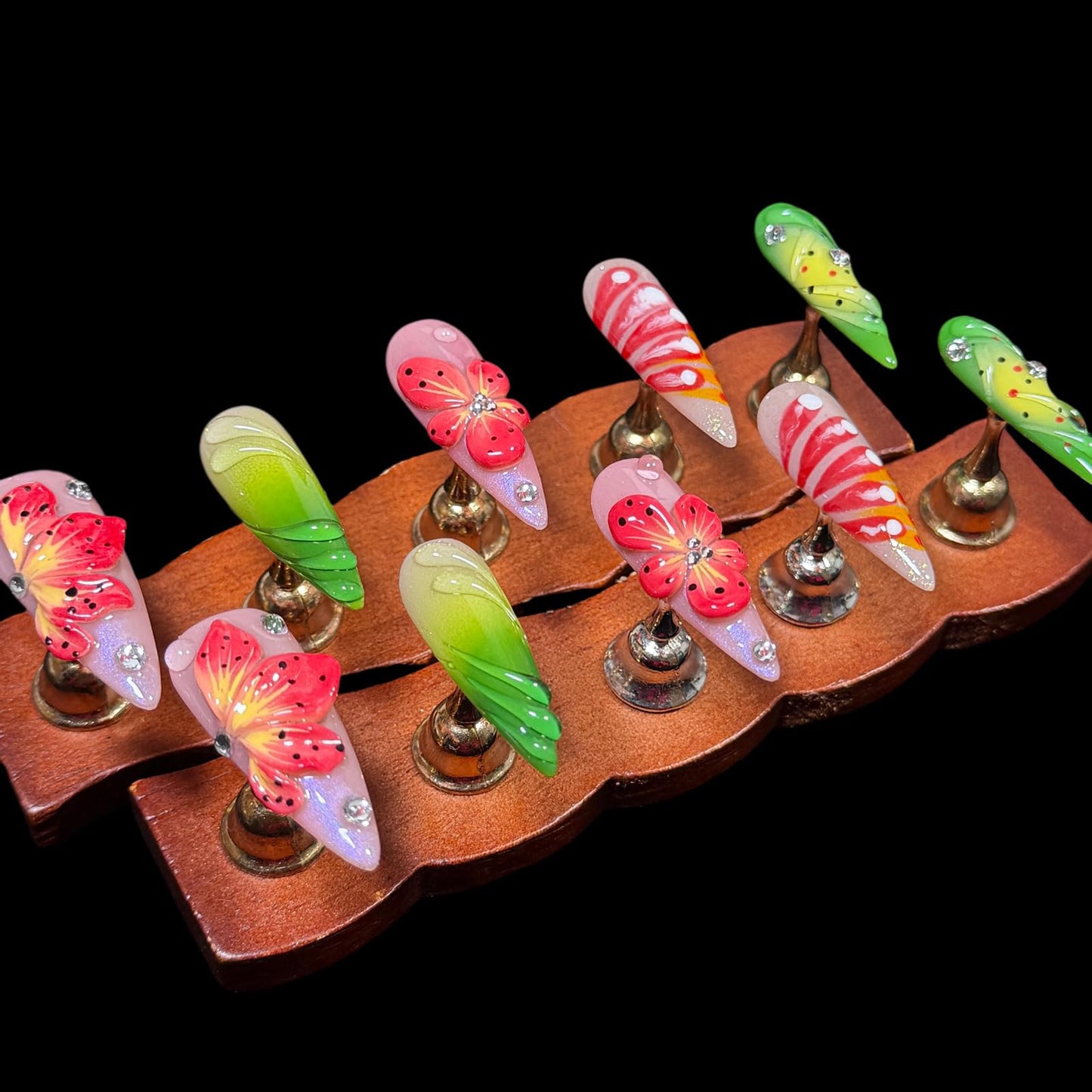 Handmade Press On Nails, Stiletto Shape, 3D Floral Botanical Muse Art, Vibrant Multi-Color Design, Thick Acrylic Fake Nails Set Tropical (S)
