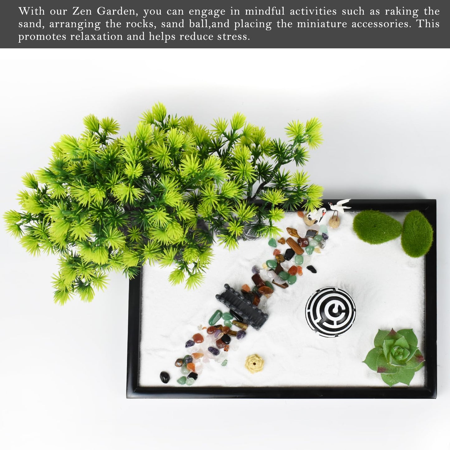 Artcome Japanese Zen Sand Garden for Desk - Home, Office Desk Accessories - Crafted Meditation Therapy Rectangle Tray - Mindful Relaxation Tool for Stress Relief