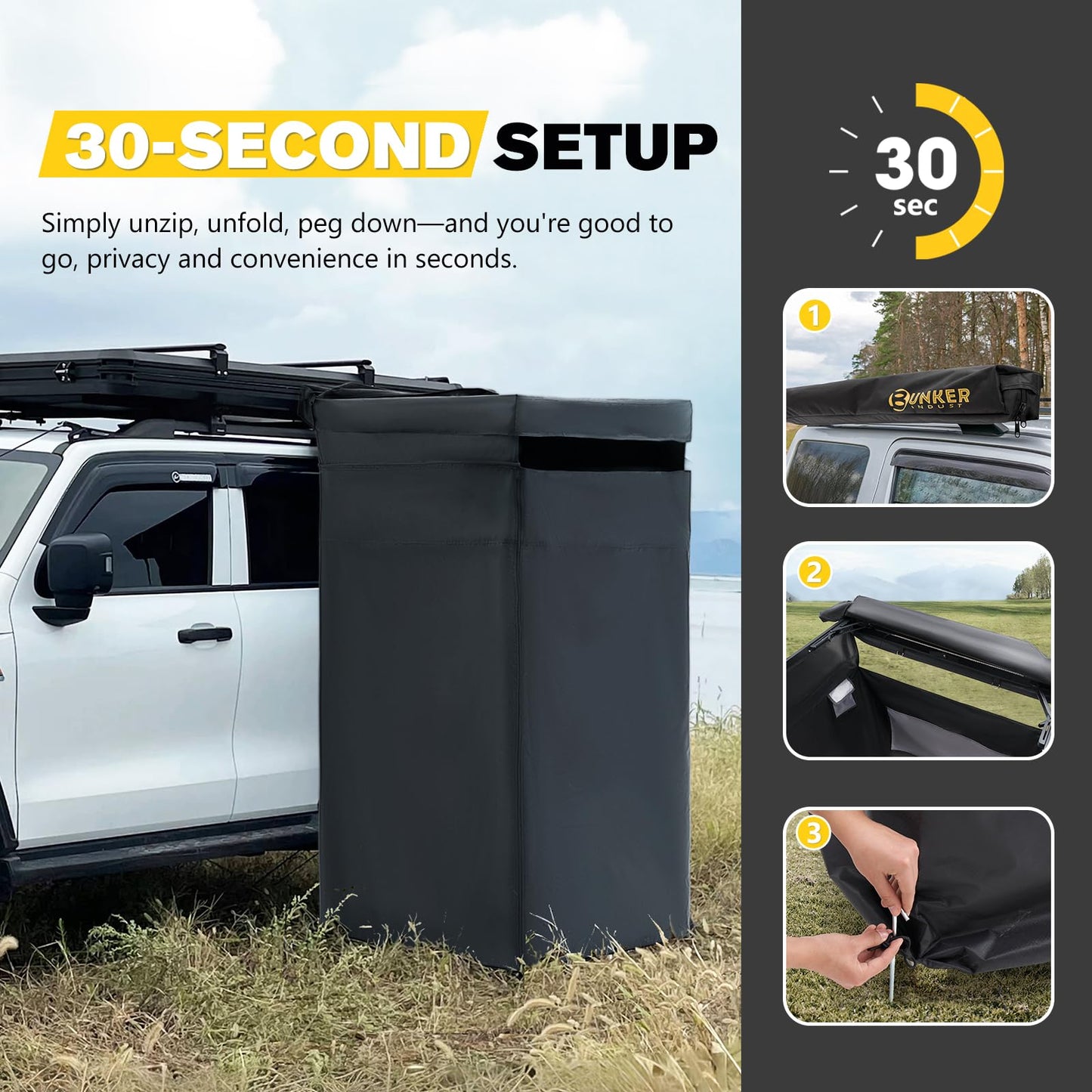 BUNKER INDUST Vehicle Side Shower Tent with Roof, Car Portable Privacy Shower Bathroom, Outdoor Camping Awning Shower Room Waterproof, Built-in LED Light for Night, Black