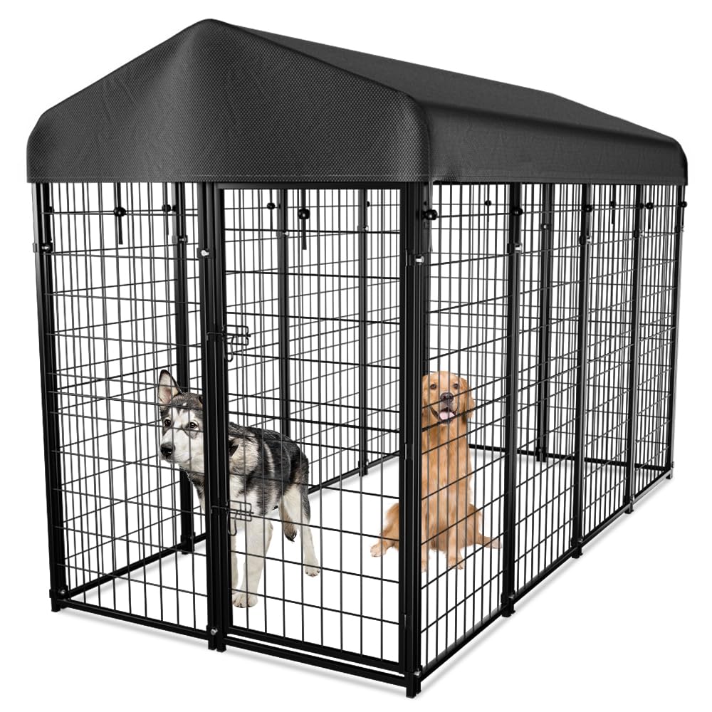 Dog Kennel Outside with Roof, 8'x6'x4' Outdoor Dog Kennels for Large Dogs, Heavty Duty Welded Dog Crate Playpen with UV-Resistant Waterproof Cover