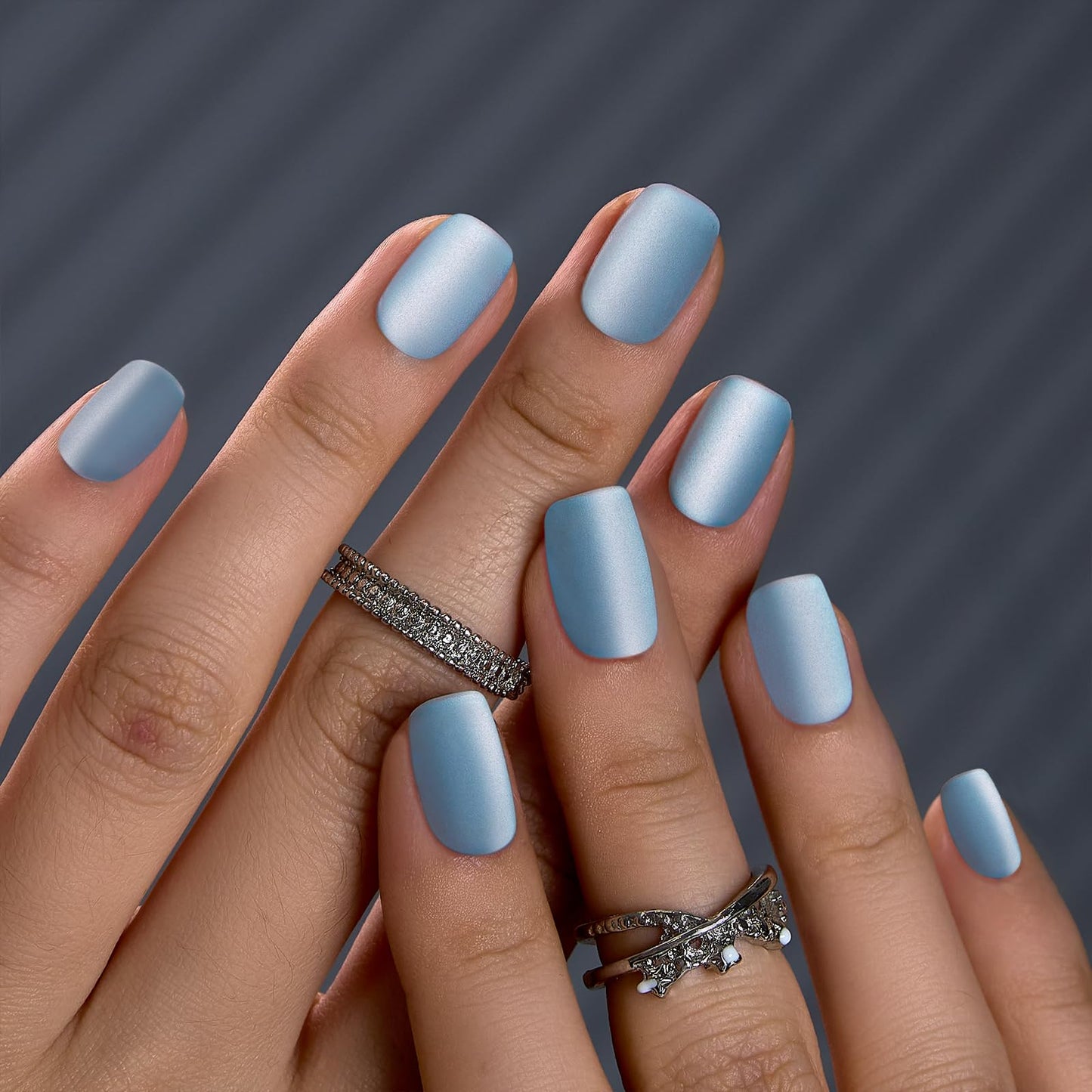 CurvLife Press On Nails Short Square Frost Veil Matte Blue Cat Eye, Soft Gel Fake Nails, Reusable Salon Look Manicure for Women Teens Beginners, 30pcs, Daily Wear Work Party