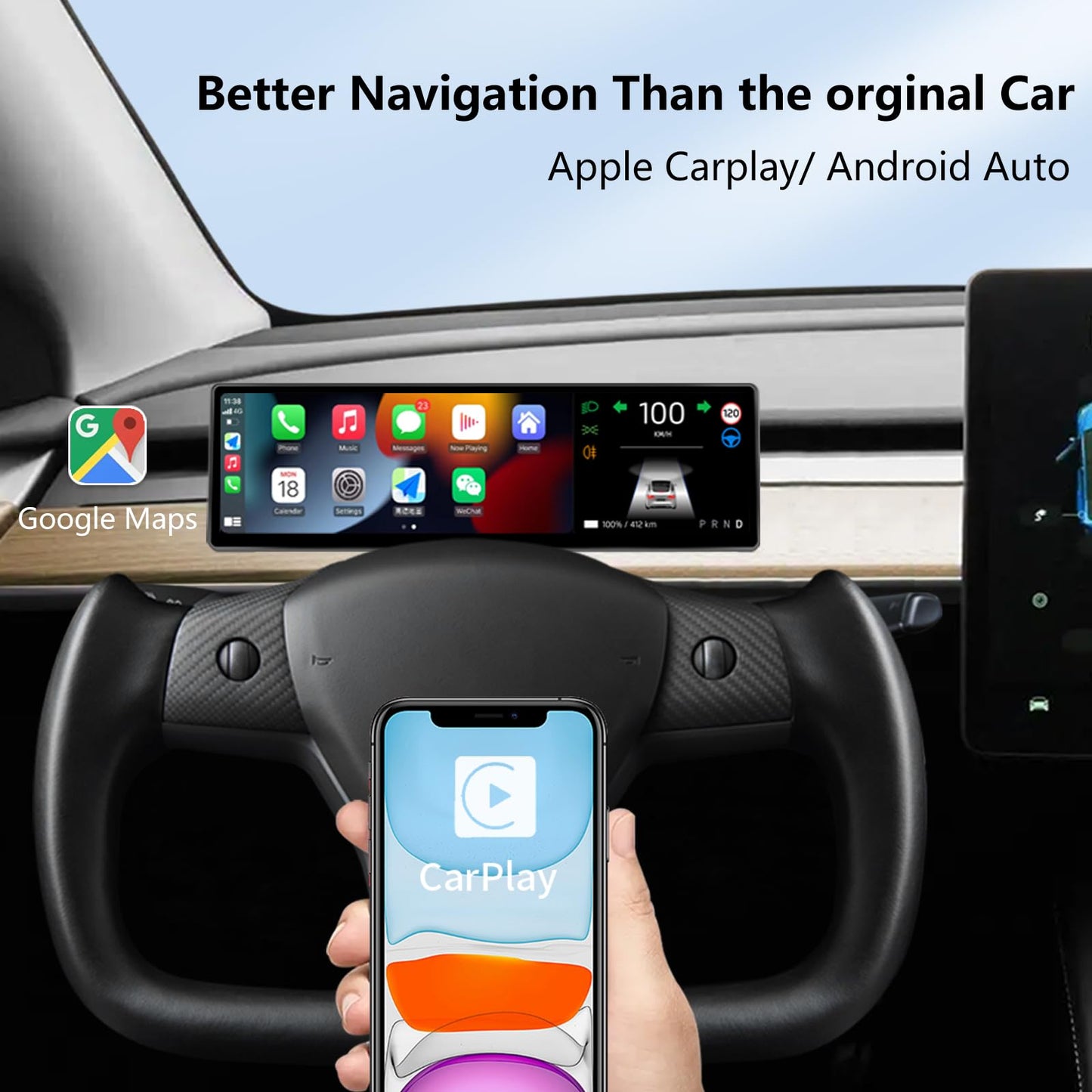 Tesstudio Head Up Display for Tesla Model 3 2017-2023 & Model Y 2019-2024,8.8" Touch Screen Instrument Cluster with CarPlay & Android Auto Real-Time Vehicle Info Display
