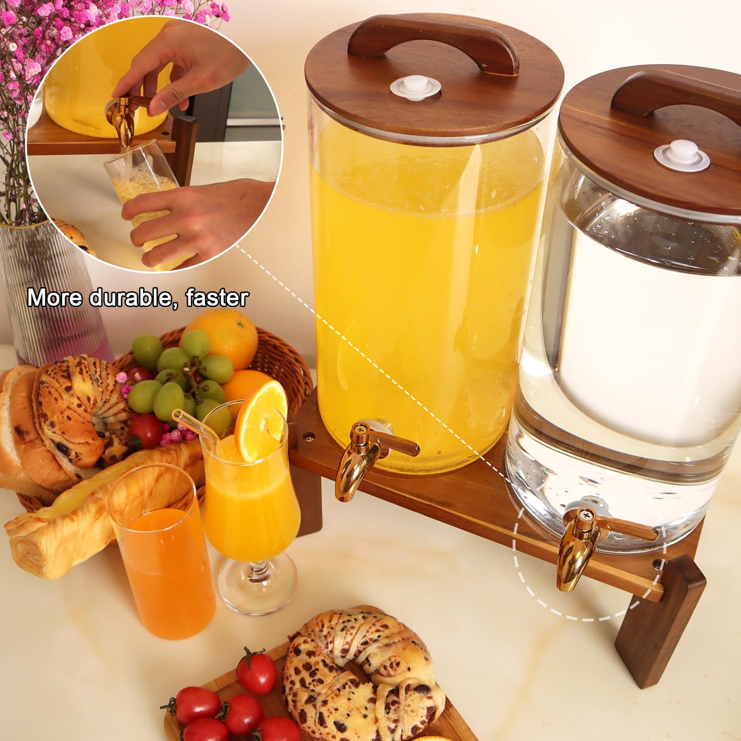 2PCS 1.6 Gallon Drink Dispenser,Glass Water Dispenser with Stand,Beverage Dispenser with Stainless Steel Spigot,Drink Dispensers for Parties,Bars,Restaurants