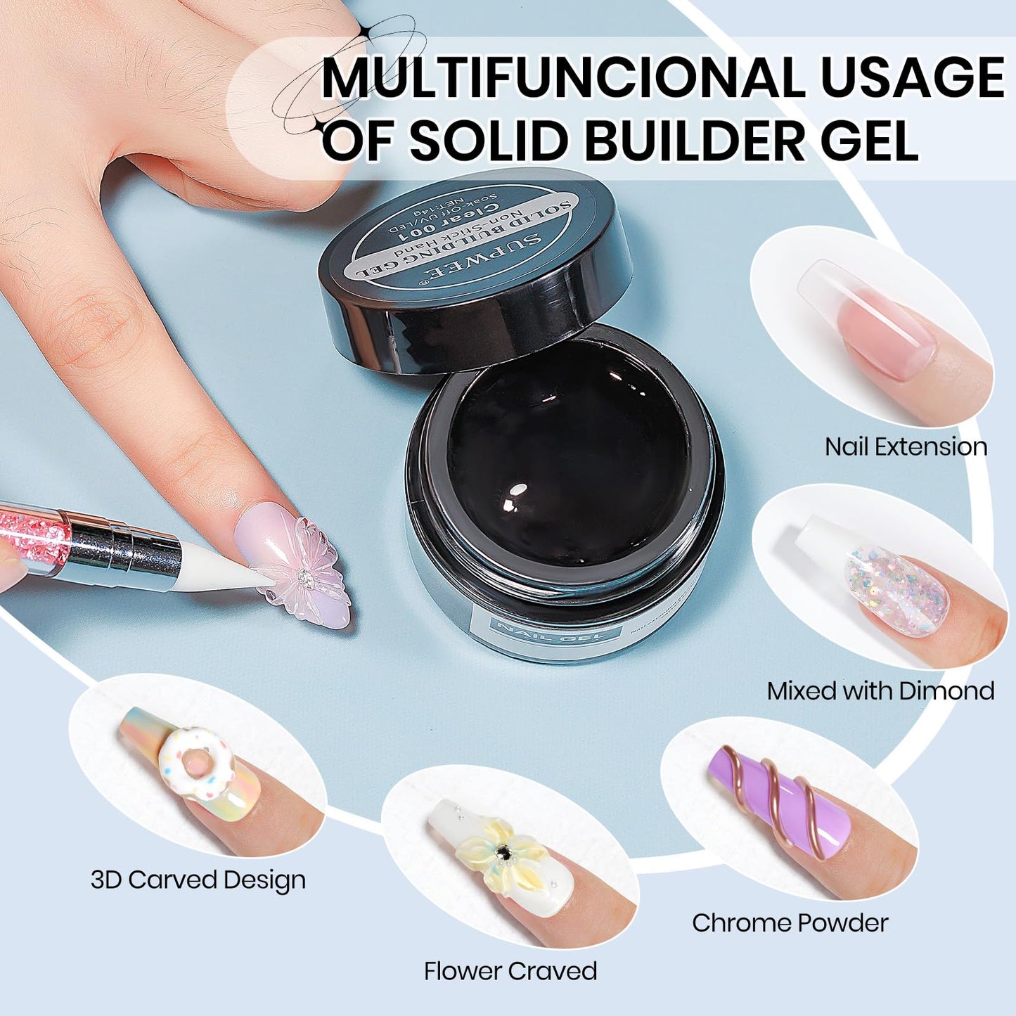 SUPWEE 3d Gel Nail Art Set: Non Stick Hand Solid Builder Gel, No Wipe 3d Gels, 15g 3d Sculpting Gels All-in-1 Kit for Carving Moliding Extension Home DIY Manucure for Women Girls