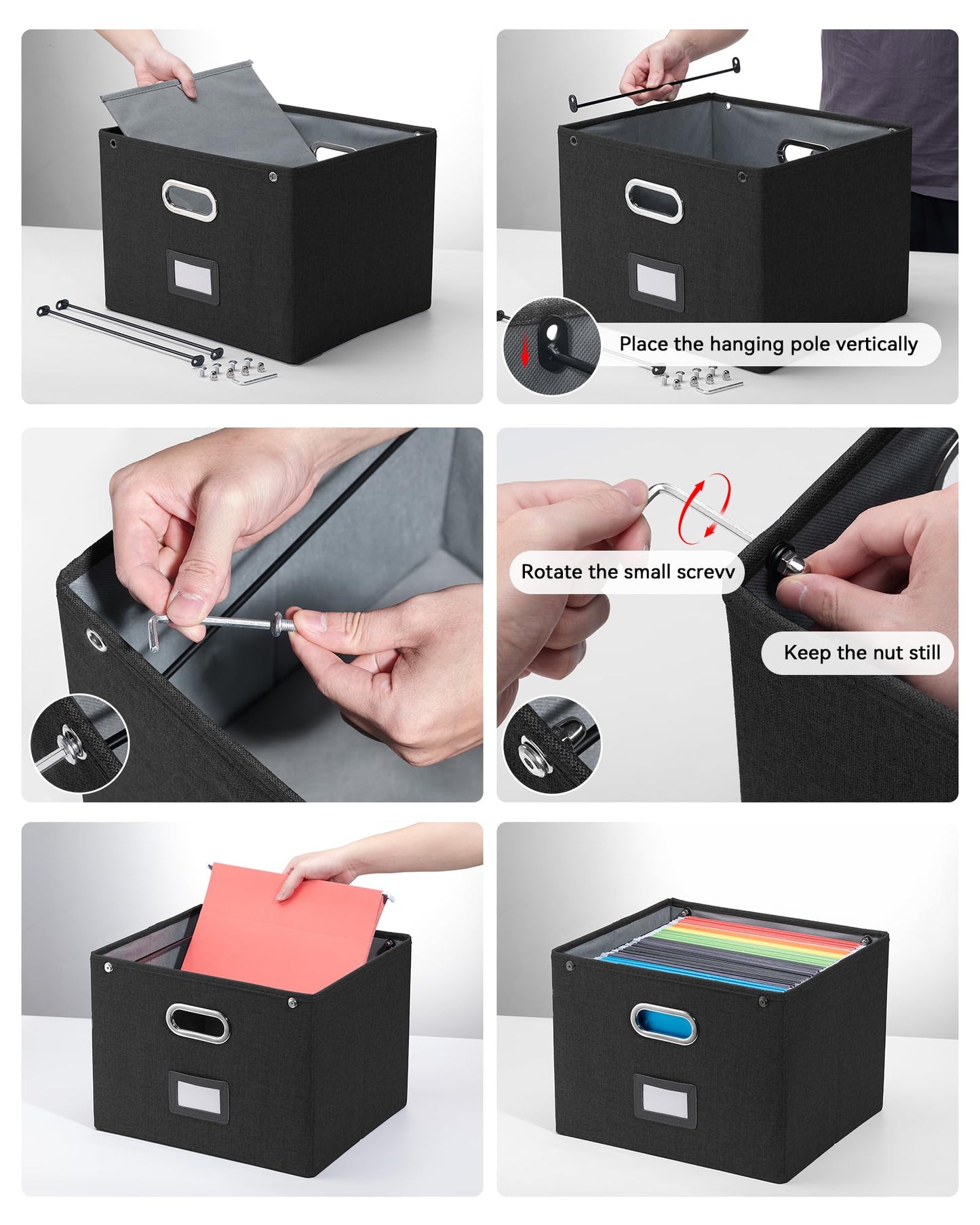 2 Pack File Organizer Box with Lid, Large Hanging Filing Box with Mesh Pocket, Document Organizer for Letter Files, Portable Storage Case for Office&Home (Black)