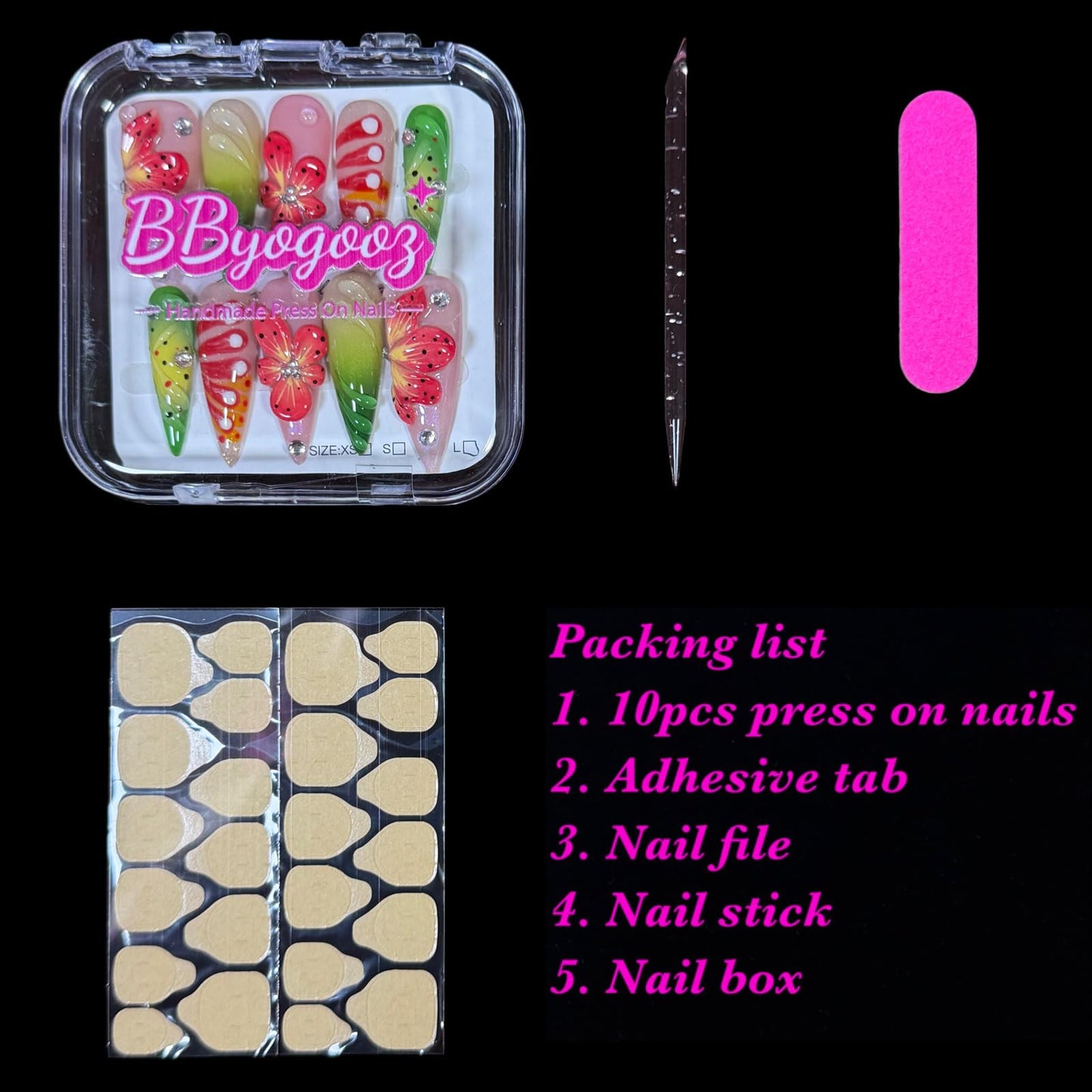 Handmade Press On Nails, Stiletto Shape, 3D Floral Botanical Muse Art, Vibrant Multi-Color Design, Thick Acrylic Fake Nails Set Tropical (S)