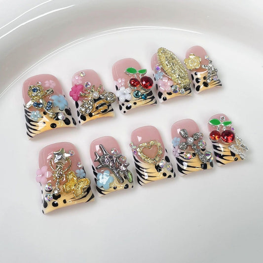Threelegscat Medium Press on Nails Handmade Duck Fake Nails with with Chrrey Charm Designs for Women Size L 10pcs