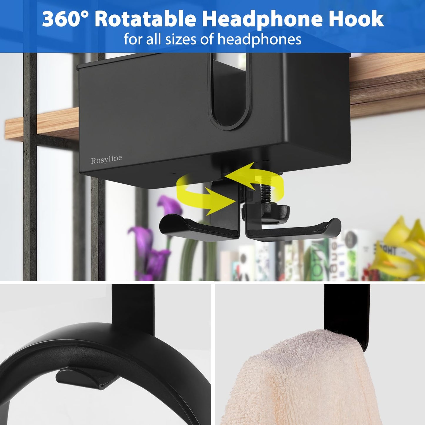 Rosyline 3-in-1 Desk Cup Holder & Clip-on Cup Holder, Clip on Desk Organizer – with Anti-Spill Function, Keeps Your Coffee, Headset, Phone & Pens Within Easy Reach, for Office Desk (Black)