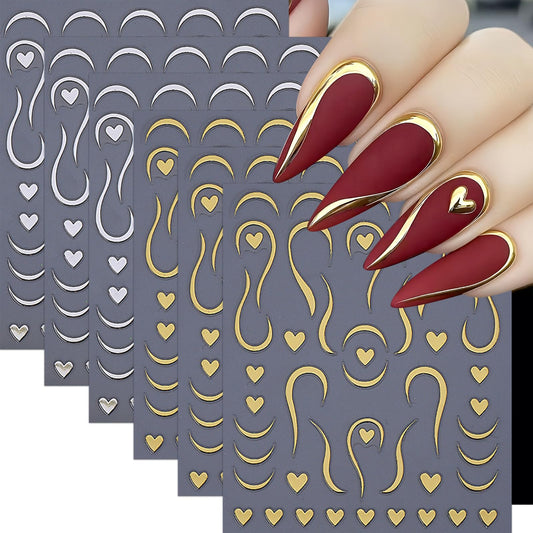 6 Sheets Valentines Day Nail Art Stickers 3D Bronzing Silver Gold Line Heart Nail Stickers Swirl Stripe French Style Nail Decals Valentines Peach Hearts Manicure Supplies for Women Nail Decoration