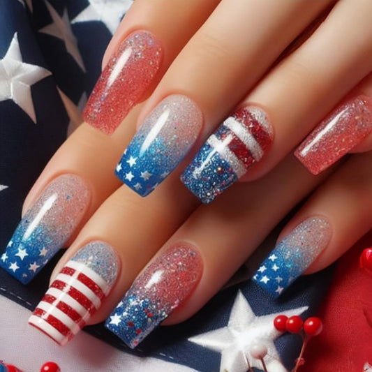 July 4th Press on Nails Medium Square Stars Stripes Design Independence Day False Nails Blue Glitter Powder Gradient Acrylic Nail Full Cover Patriotic Stick on Nail Holiday Glue on Nail for Women