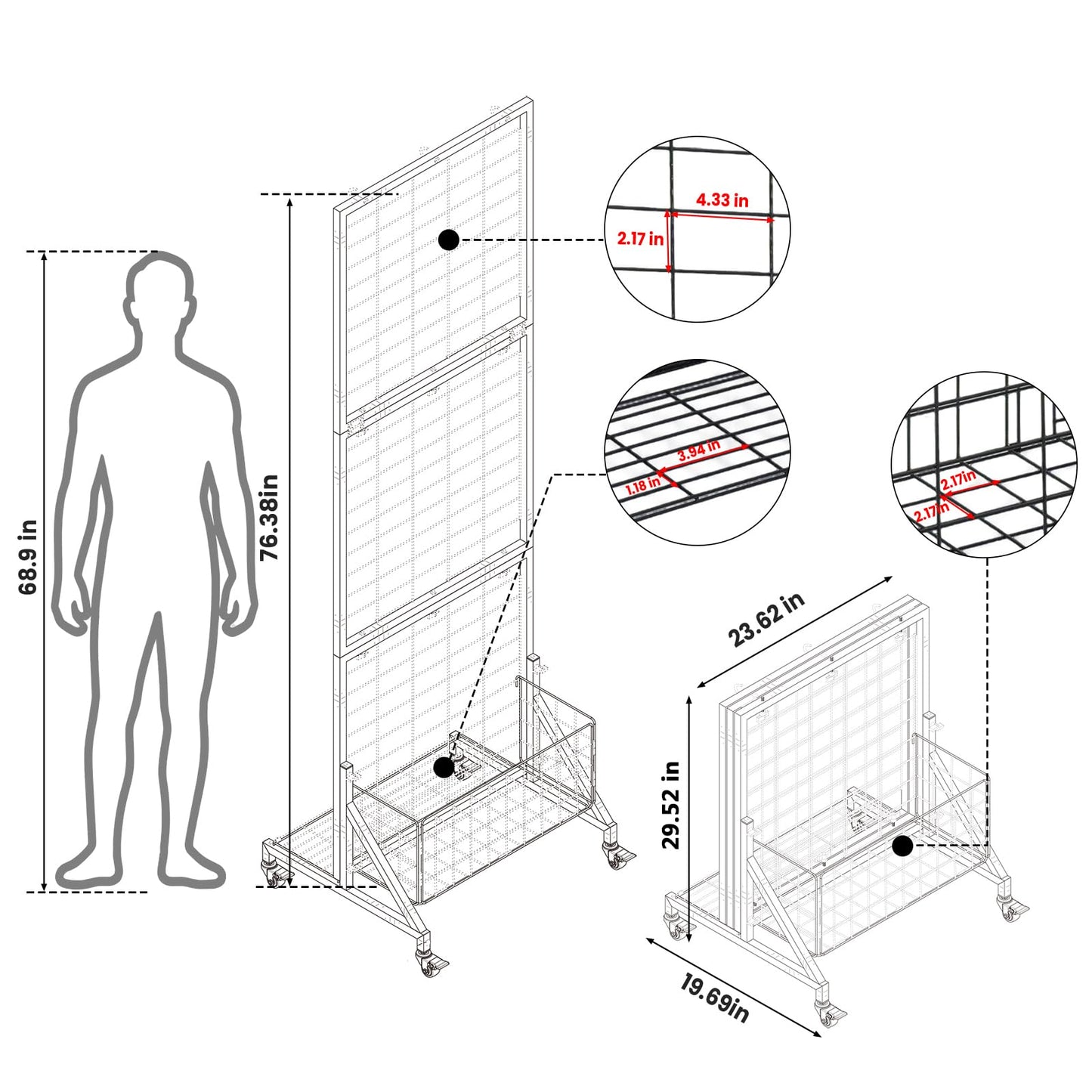 APshouhu Foldable Grid Wall Panels, Gridwall Panels with Folding Baskets, Tool-Free Assembly and Folding, for Storage and Retail Merchandise Display (Black)