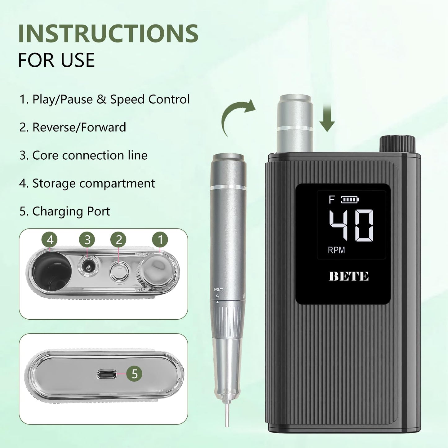 BETE Professional Nail Drill, 40000 RPM Cordless Electric Nail File Kit with 6 Bits, Rechargeable Efile for Acrylic Gel Nails Polishing, Manicure Tools for Salon Home Use, Black